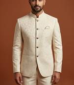 Ivory thread work bandhgala on jacquard fabric