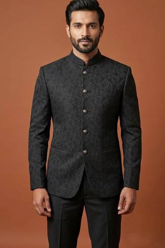 Black thread work bandhgala on jacquard