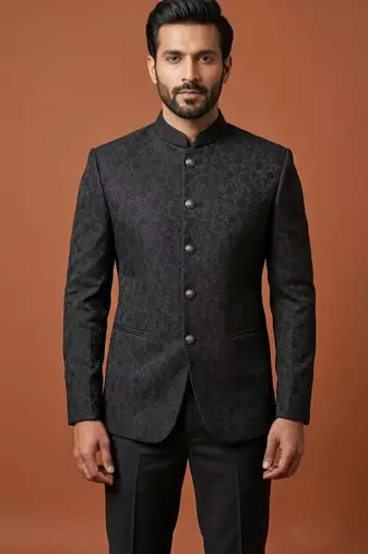 Black thread work bandhgala on jacquard