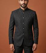 Black thread work bandhgala on jacquard