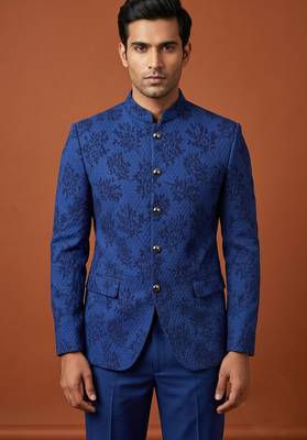 Blue bandhgala with thread work on jacquard 1