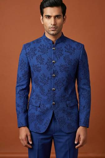 Blue bandhgala with thread work on jacquard