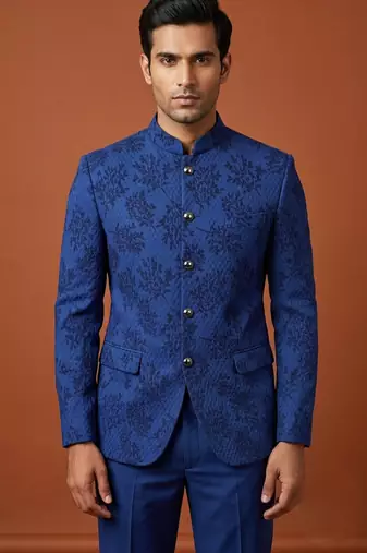 Blue bandhgala with thread work on jacquard