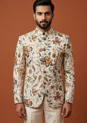 Cream multicolor printed bandhgala for men 1