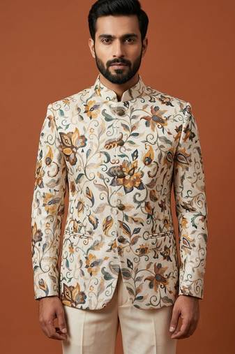 Cream multicolor printed bandhgala for men