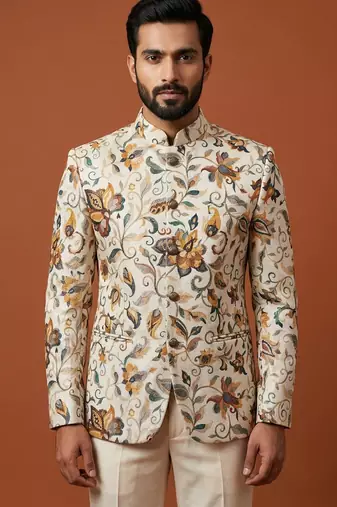 Cream multicolor printed bandhgala for men