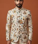 Cream multicolor printed bandhgala for men