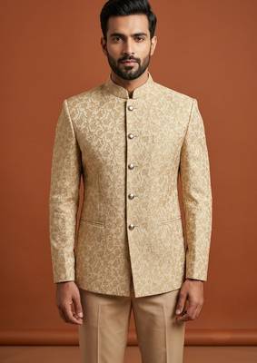 Golden thread work bandhgala on jacquard fabric 1