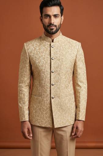 Golden thread work bandhgala on jacquard fabric