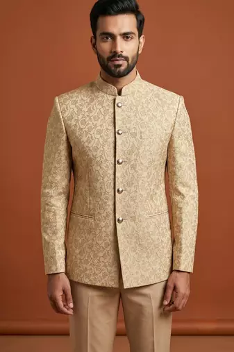 Golden thread work bandhgala on jacquard fabric
