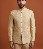 Golden thread work bandhgala on jacquard fabric