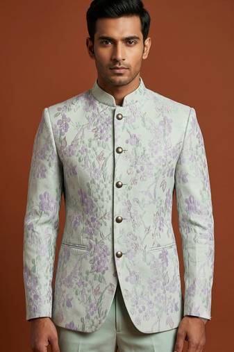 Light green bandhgala on embossed fabric