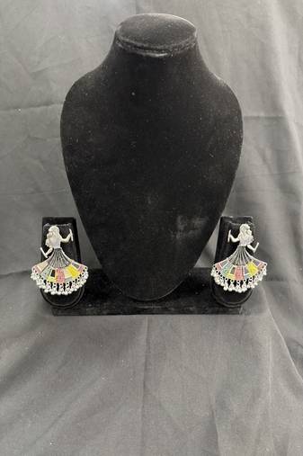 Oxidised Silver Multicolor Dancing Girl Earrings for Women, Earrings for Navratri Garba Festival