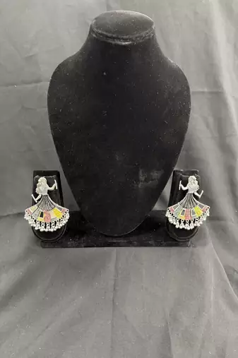Oxidised Silver Multicolor Dancing Girl Earrings for Women, Earrings for Navratri Garba Festival