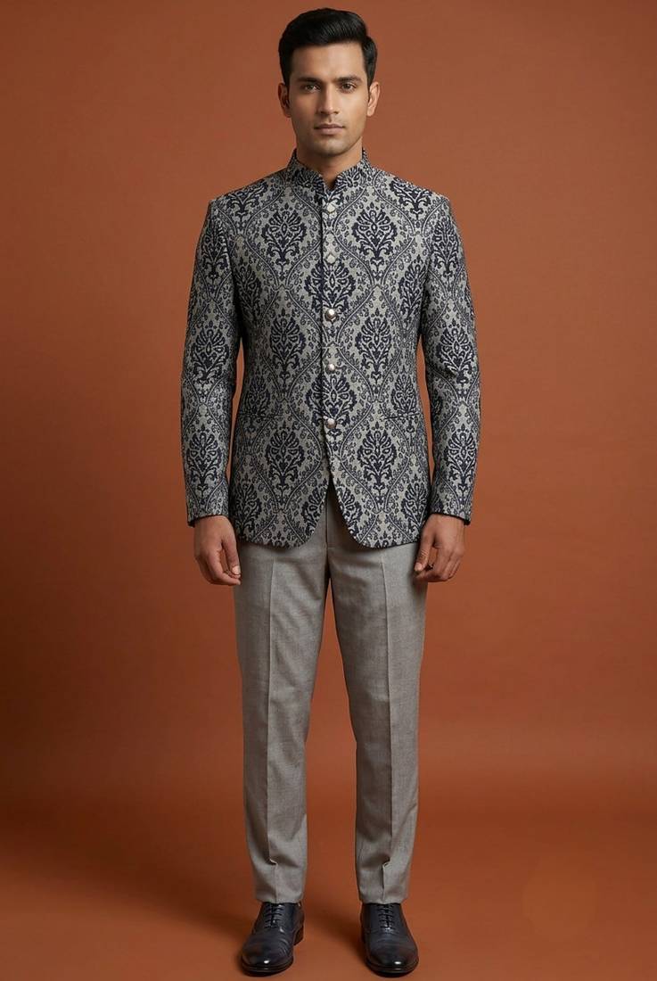 Grey printed bandhgala on jacquard fabric
