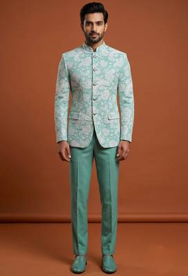 Turquoise thread work bandhgala on jacquard 2