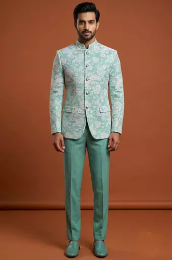 Turquoise thread work bandhgala on jacquard