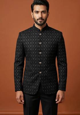 Black thread work bandhgala on jacquard 1