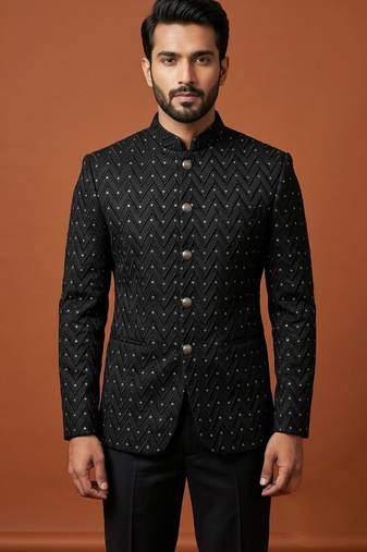 Black thread work bandhgala on jacquard