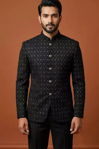 Black thread work bandhgala on jacquard
