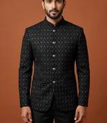Black thread work bandhgala on jacquard