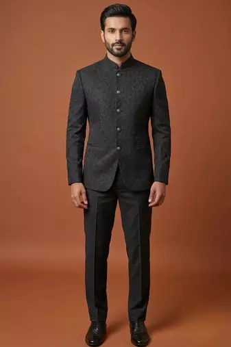 Black thread work bandhgala on jacquard