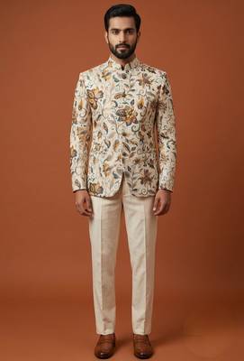 Cream multicolor printed bandhgala for men 2