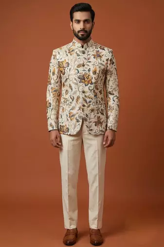 Cream multicolor printed bandhgala for men