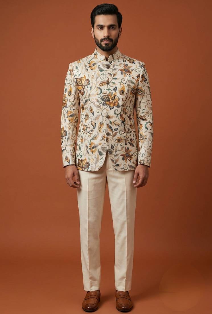 Cream multicolor printed bandhgala for men