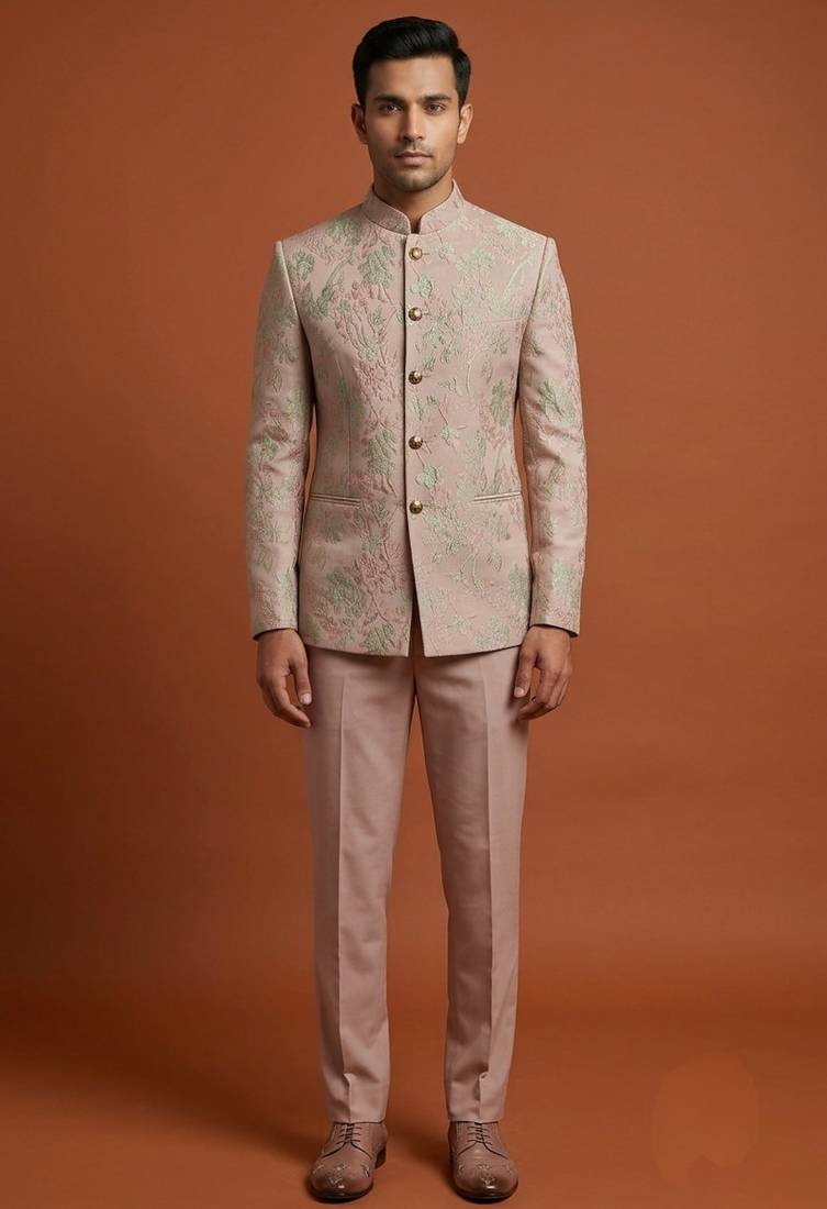 Pink bandhgala on embossed fabric