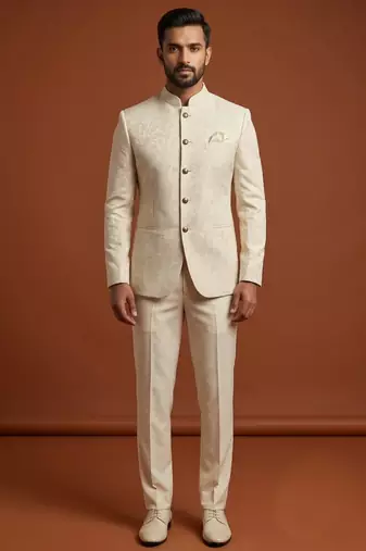 Ivory thread work bandhgala on jacquard fabric