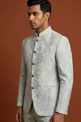 Light green bandhgala on embossed fabric