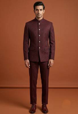 Maroon thread work bandhgala on jacquard 2