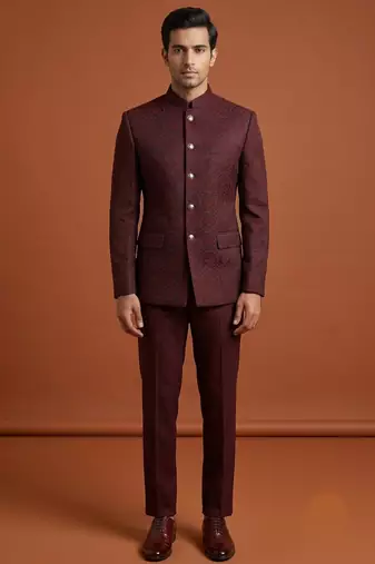 Maroon thread work bandhgala on jacquard
