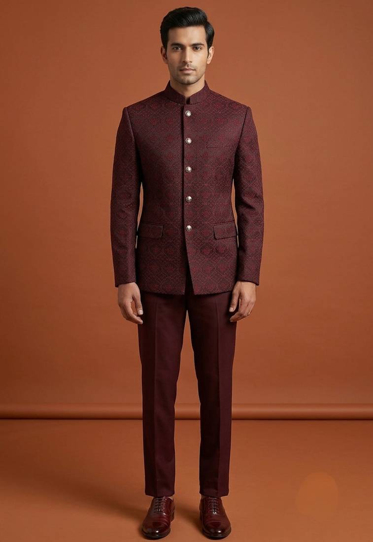 Maroon thread work bandhgala on jacquard
