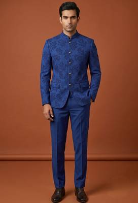 Blue bandhgala with thread work on jacquard 2