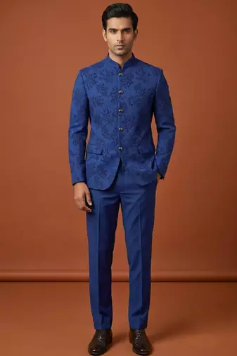 Blue bandhgala with thread work on jacquard