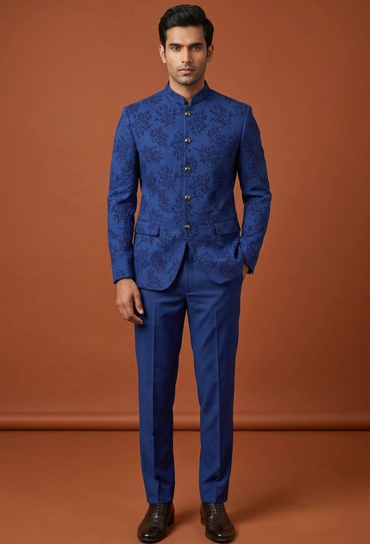 Blue bandhgala with thread work on jacquard