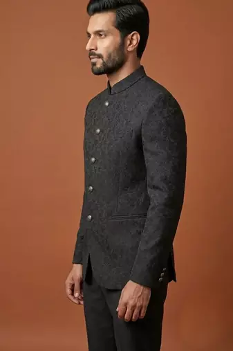 Black thread work bandhgala on jacquard