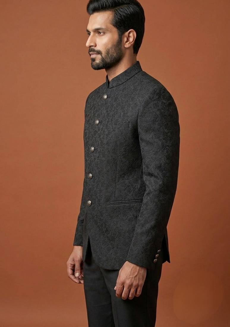 Black thread work bandhgala on jacquard