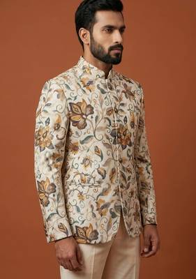 Cream multicolor printed bandhgala for men 3