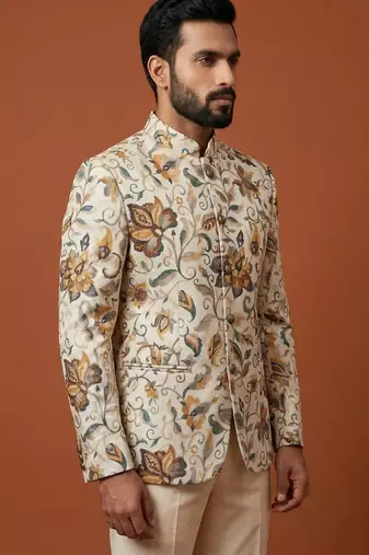 Cream multicolor printed bandhgala for men