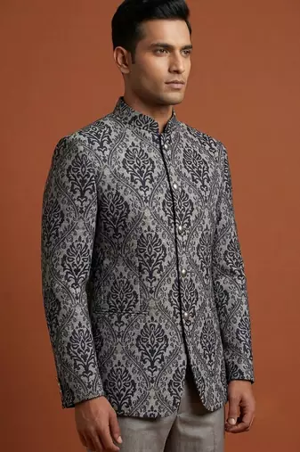 Grey printed bandhgala on jacquard fabric