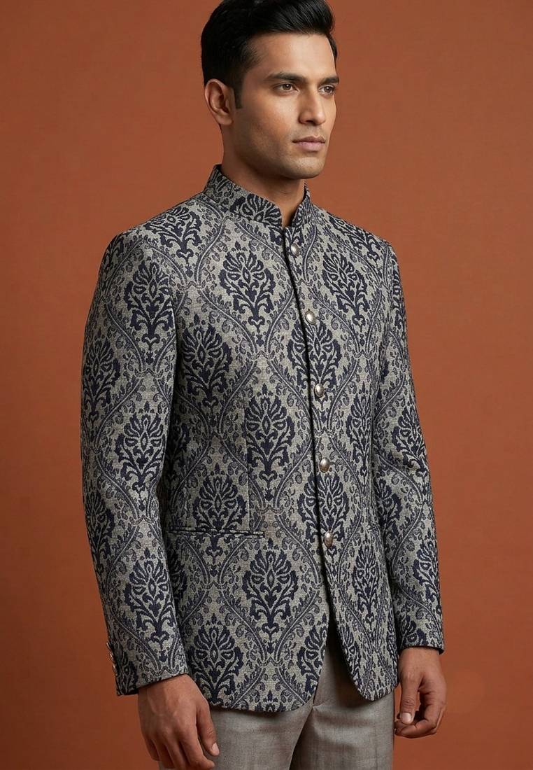 Grey printed bandhgala on jacquard fabric
