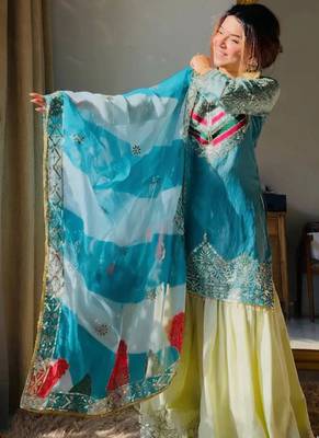 Women's Beautiful Embroidery Work Satin Silk Fabric Straight Kurta Gharara and Dupatta Set 1