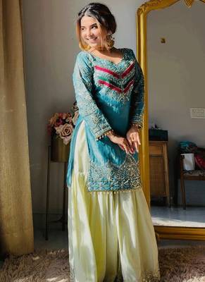 Women's Beautiful Embroidery Work Satin Silk Fabric Straight Kurta Gharara and Dupatta Set 2