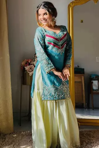 Women's Beautiful Embroidery Work Satin Silk Fabric Straight Kurta Gharara and Dupatta Set