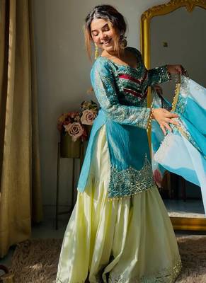 Women's Beautiful Embroidery Work Satin Silk Fabric Straight Kurta Gharara and Dupatta Set 3