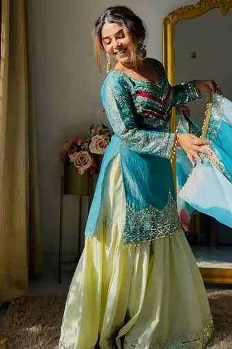 Women's Beautiful Embroidery Work Satin Silk Fabric Straight Kurta Gharara and Dupatta Set