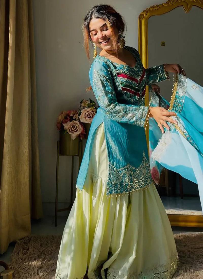 Women's Beautiful Embroidery Work Satin Silk Fabric Straight Kurta Gharara and Dupatta Set
